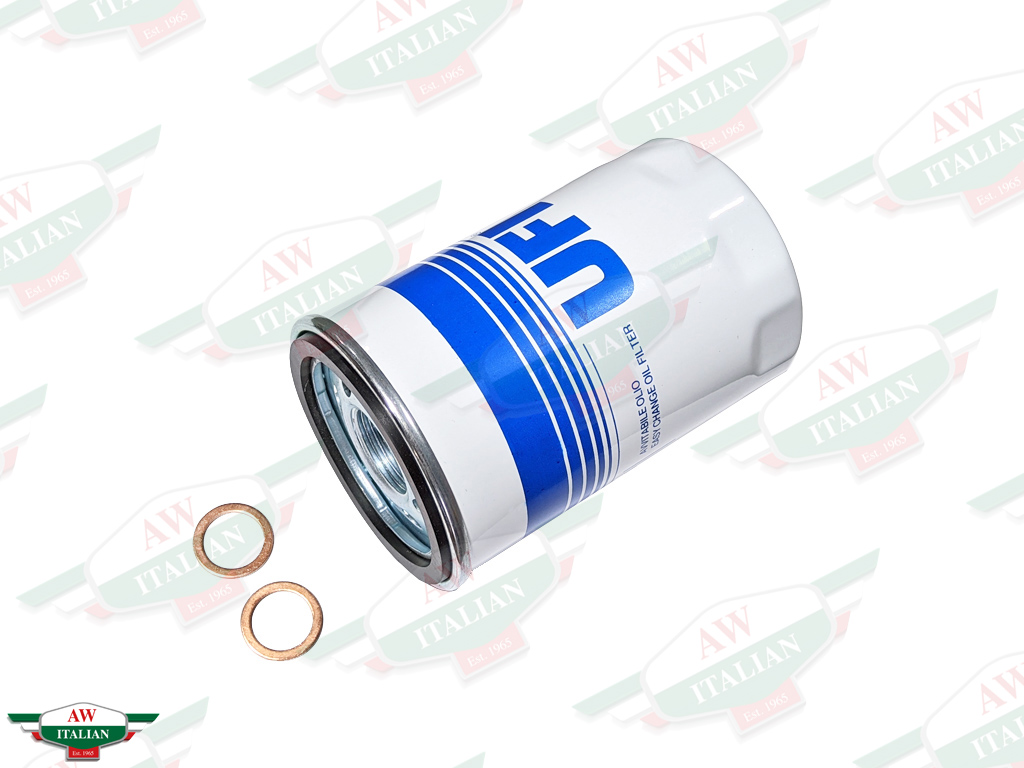 white and blue UFI oil filter with 2 copper washers