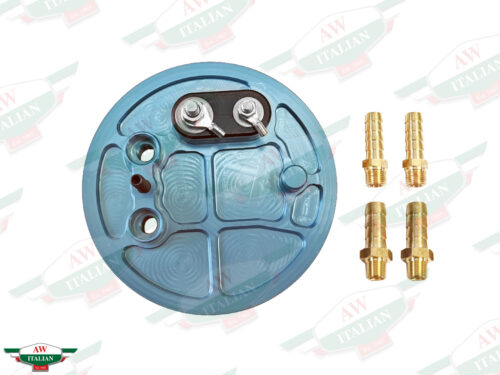 fuel pump cover round aluminum blue with brass barbed fittings