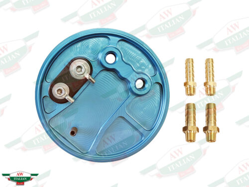 fuel pump cover round aluminum blue with brass barbed fittings