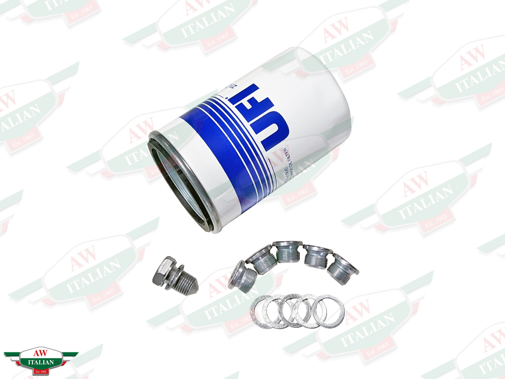 blue and white UFI oil filter with grey threaded plugs and washers