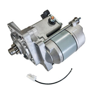 grey metal starter motor with black wire