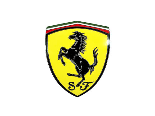 yellow ferrari badge with black horse