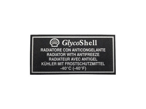 black rectangular sticker with silver writing and shell logo