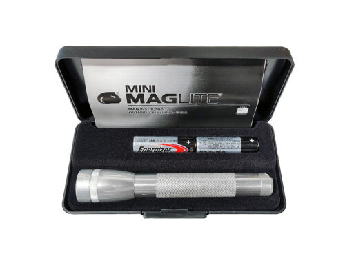silver mini maglite with black plastic case