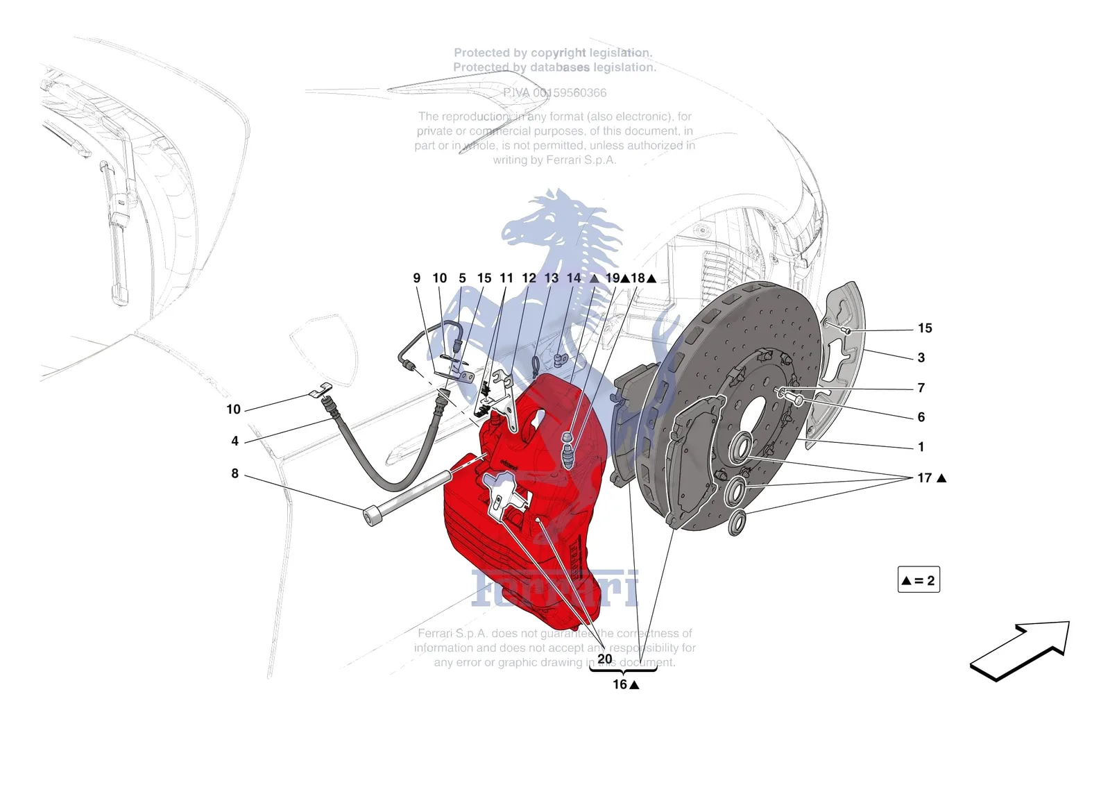 Ferrari 12 Cilindri Spider [MECHANICAL SYSTEM] - D.25.03 - FRONT SUSPENSION - CALIPERS AND DISCS exploded diagram