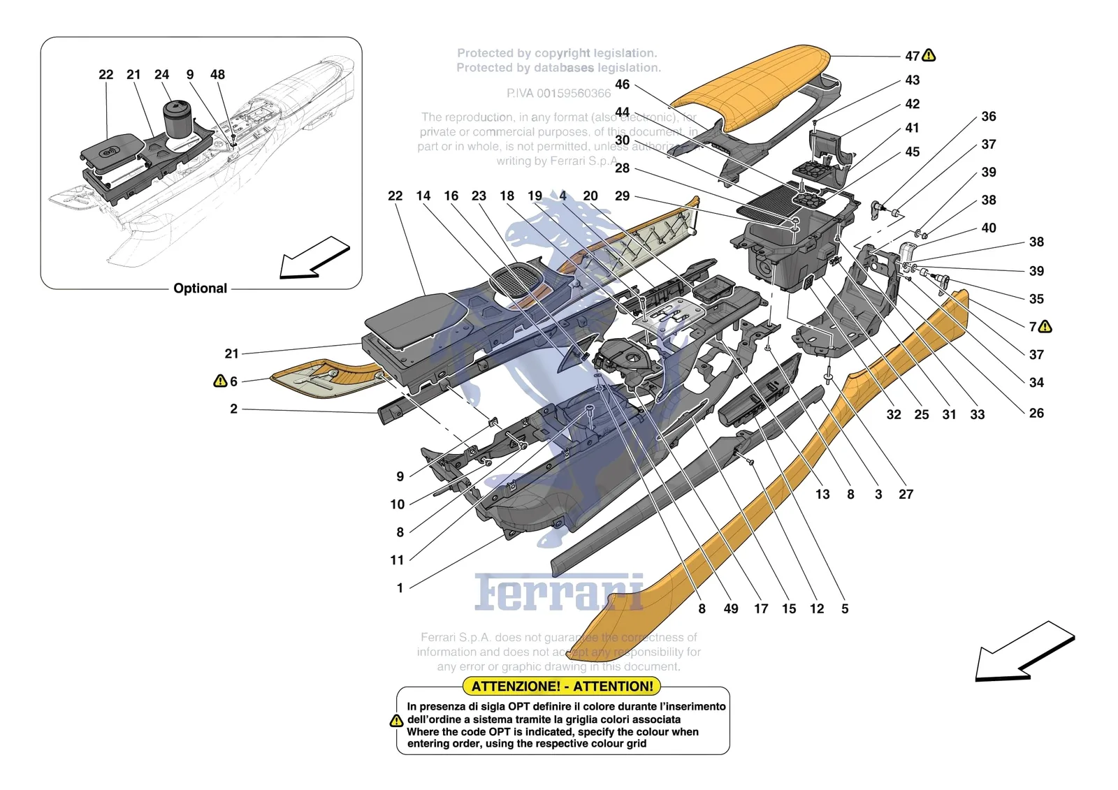 Ferrari 12 Cilindri Spider [VEHICLE TRIM] - E.48 - CENTRE TUNNEL AND CONSOLE exploded diagram