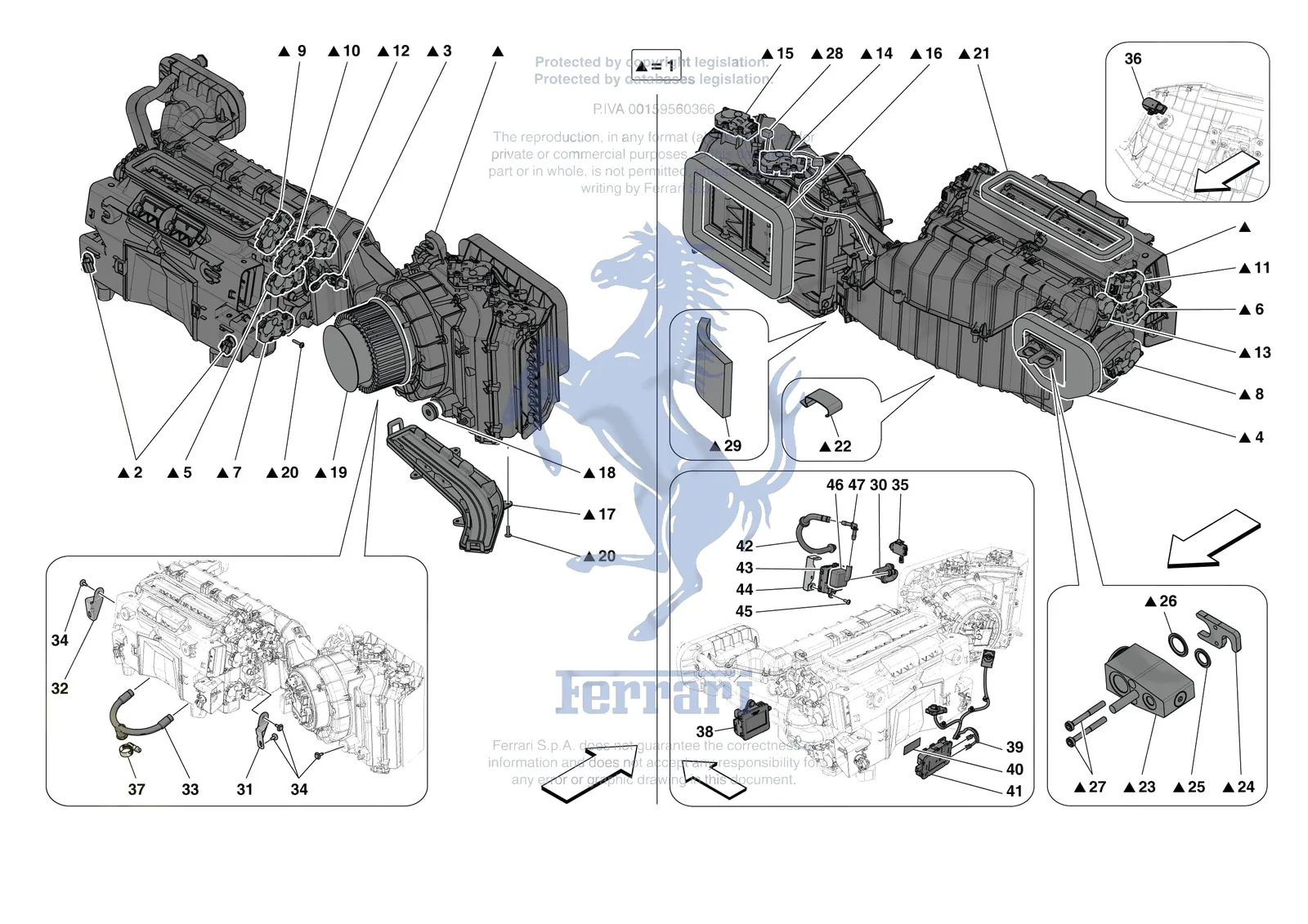 Ferrari 12 Cilindri Spider [VEHICLE TRIM] - E.57.01 - AC SYSTEM - EVAPORATOR exploded diagram