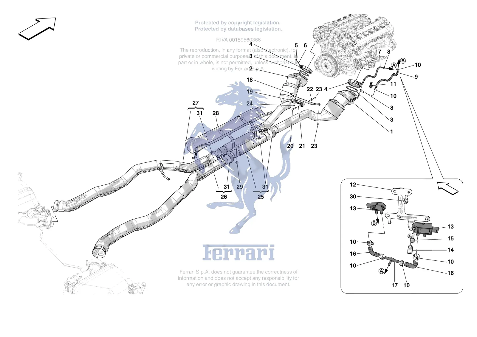 Ferrari 12 Cilindri [MECHANICAL SYSTEM] - D.08.01 - EXHAUST SYSTEM - FRONT SECTION exploded diagram