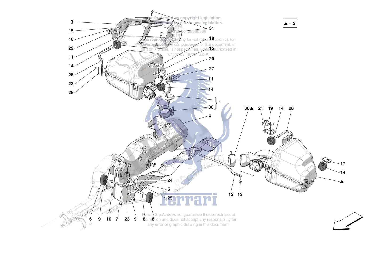 Ferrari 12 Cilindri [MECHANICAL SYSTEM] - D.08.02 - EXHAUST SYSTEM - REAR exploded diagram