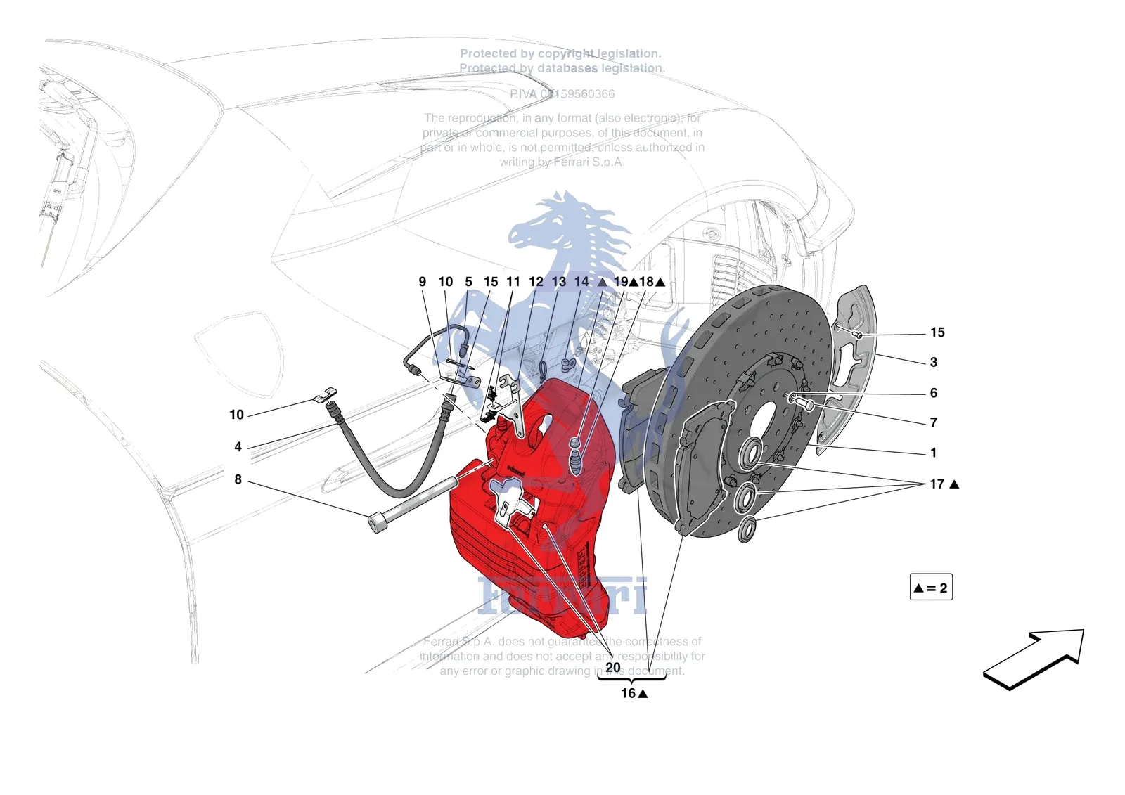 Ferrari 12 Cilindri [MECHANICAL SYSTEM] - D.25.03 - FRONT SUSPENSION - CALIPERS AND DISCS exploded diagram