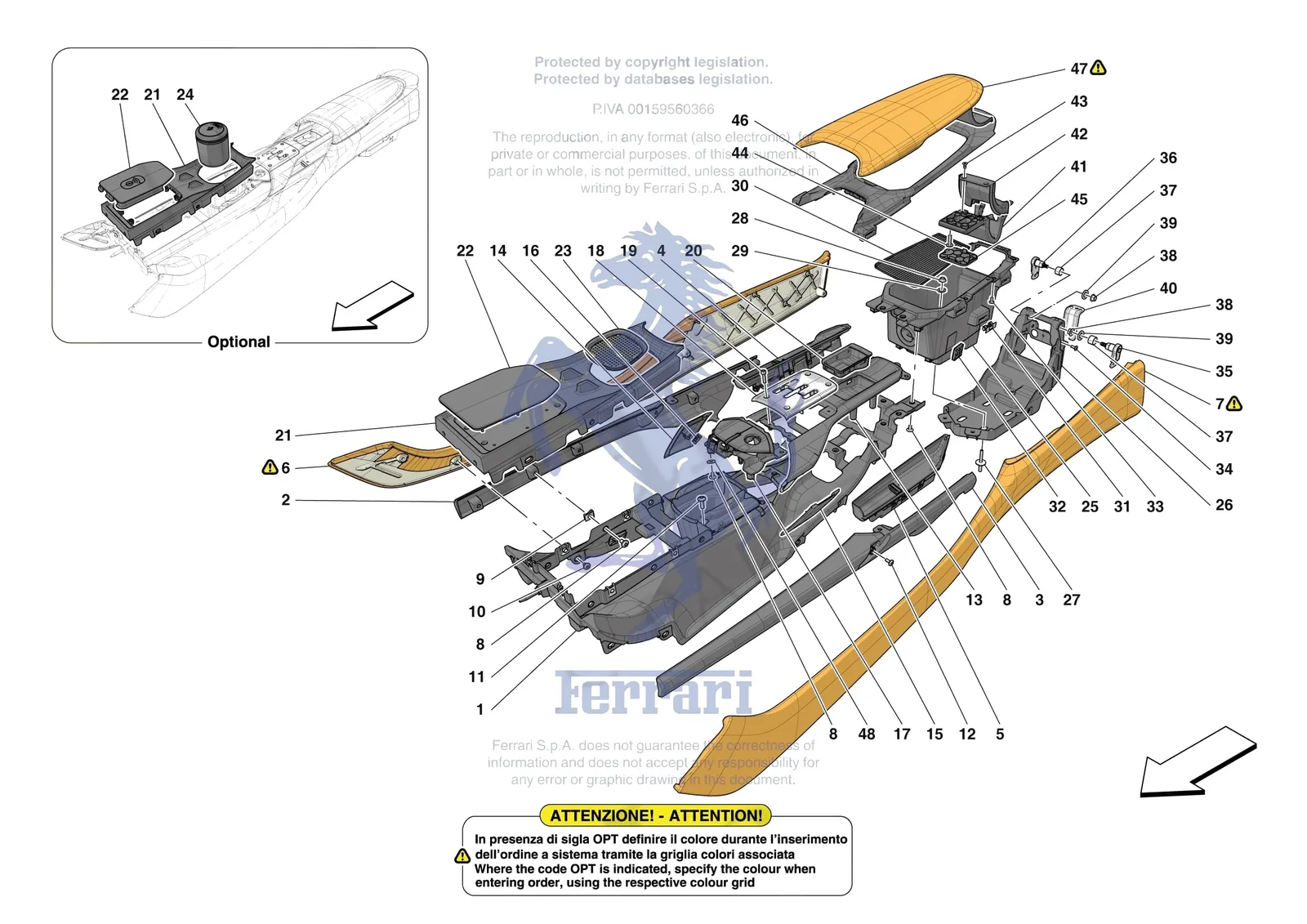 Ferrari 12 Cilindri [VEHICLE TRIM] - E.48 - CENTRE TUNNEL AND CONSOLE exploded diagram