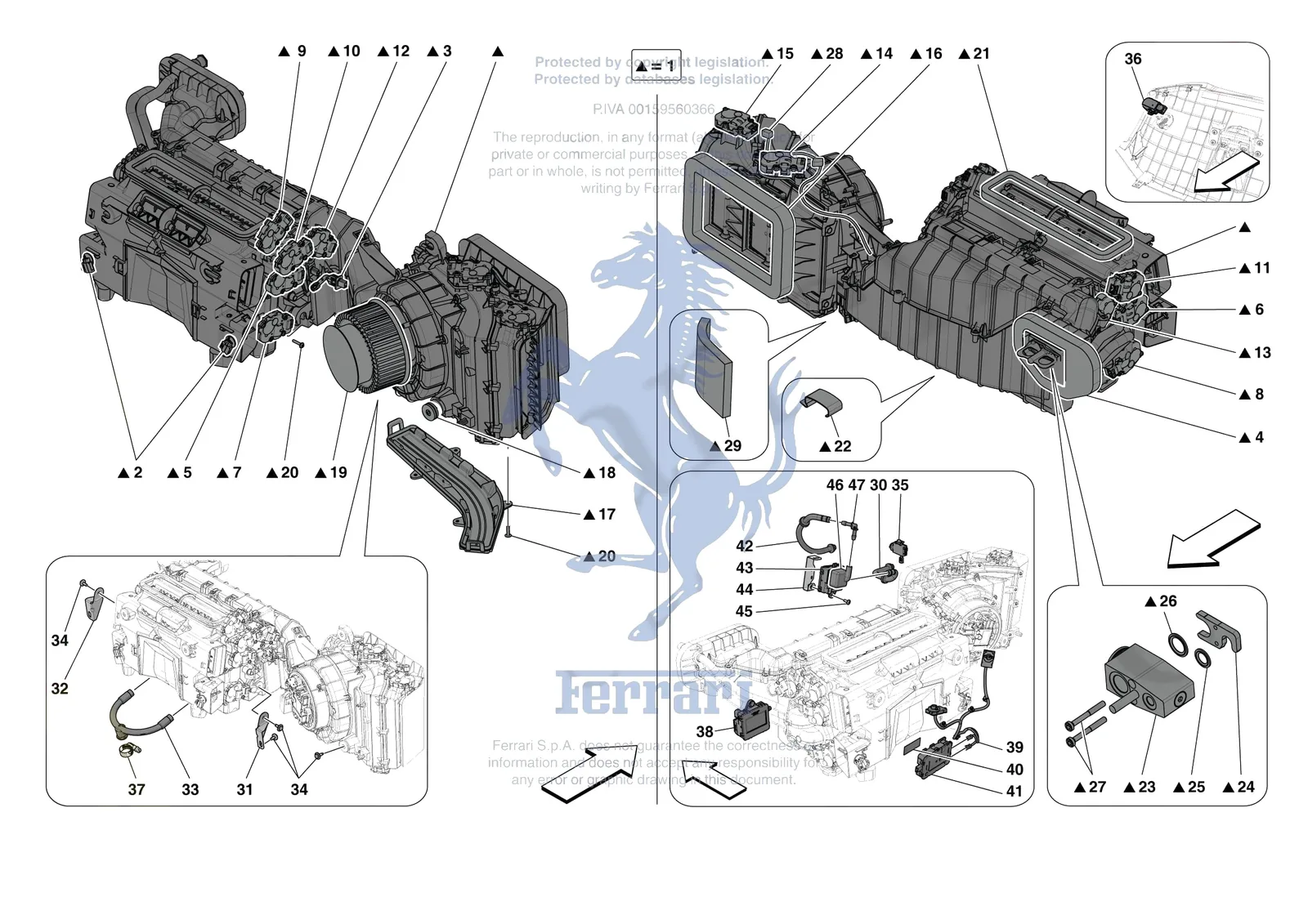 Ferrari 12 Cilindri [VEHICLE TRIM] - E.57.01 - AC SYSTEM - EVAPORATOR exploded diagram