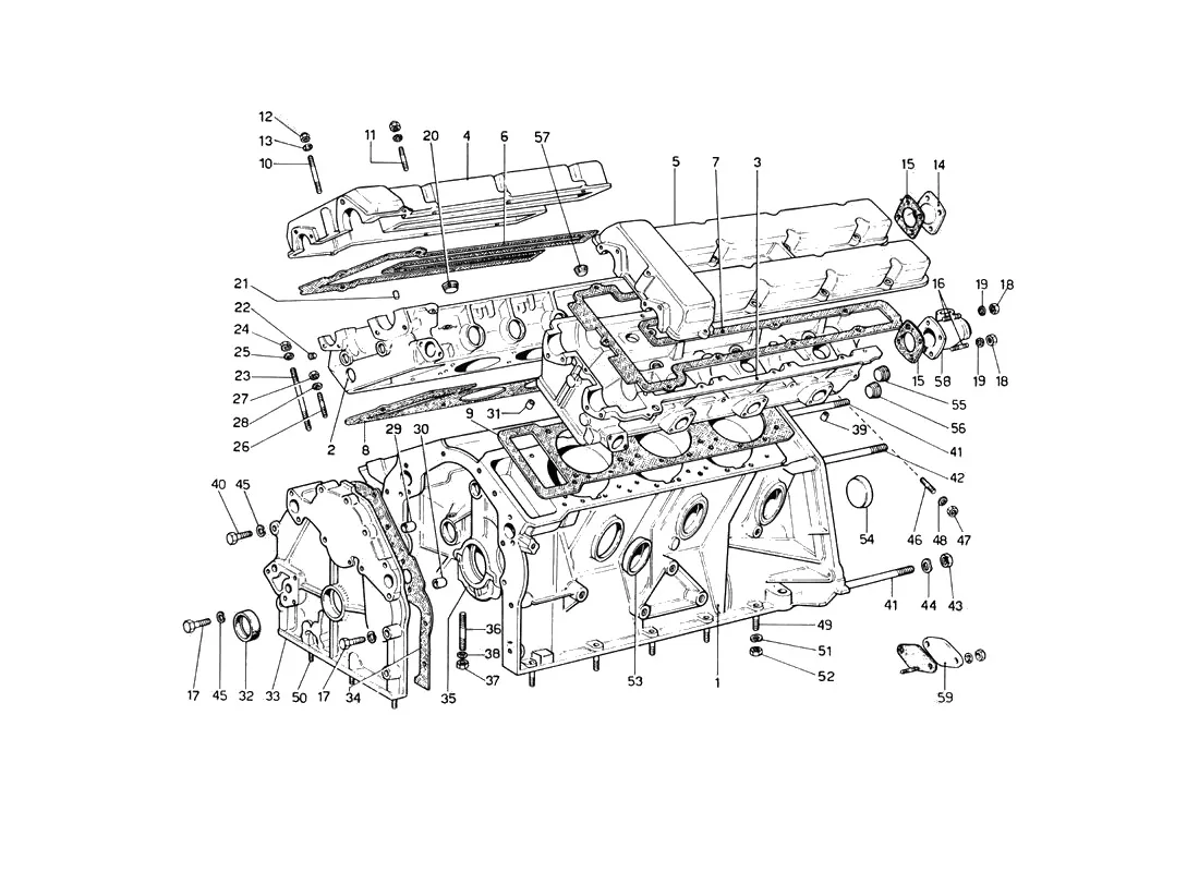 Ferrari 246 Dino GT Coupe & Spyder (From Ch 02132) Crankcase And Cylinder Heads exploded diagram
