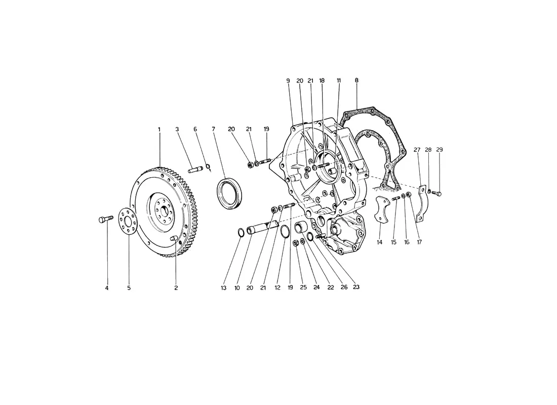 Ferrari 246 Dino GT Coupe & Spyder (From Ch 02132) Flywheel And Intermediate Gearbox Housing exploded diagram