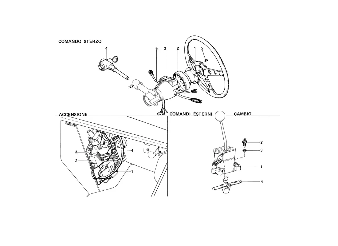 Ferrari 246 Dino GT Coupe & Spyder (From Ch 02132) Steering Control, Engine Ignition And Gearbox Outer Controls (Variants For Usa Versions) exploded diagram