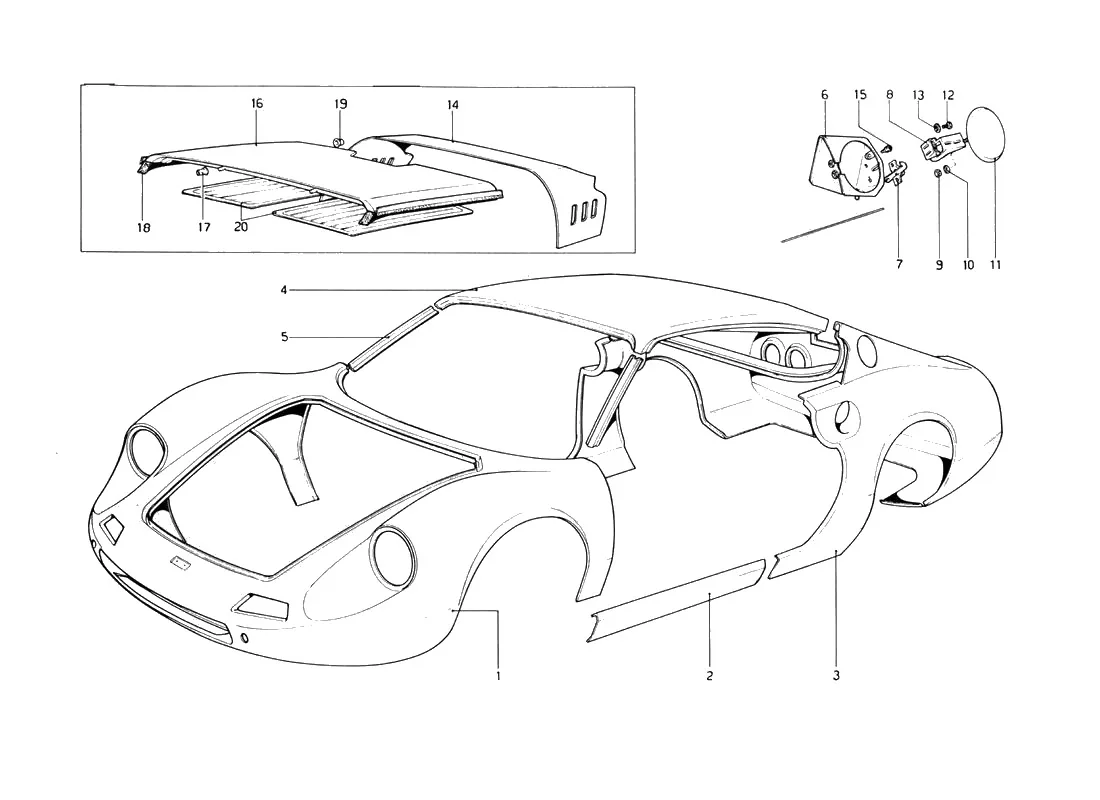 Ferrari 246 Dino GT Coupe & Spyder (From Ch 02132) Body Shell - Outer Elements exploded diagram
