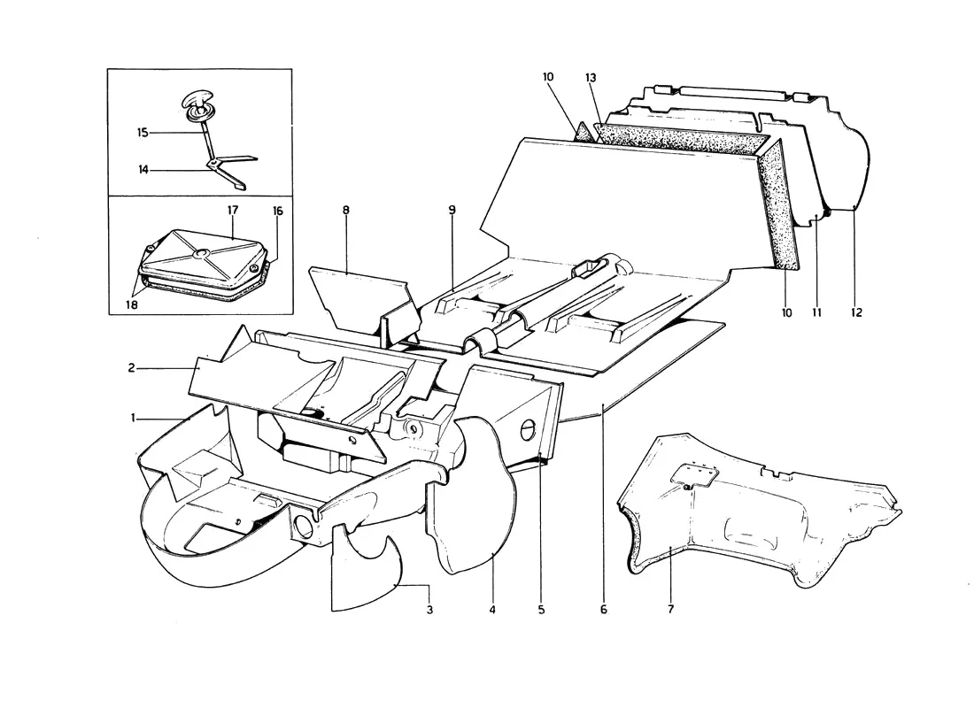 Ferrari 246 Dino GT Coupe & Spyder (From Ch 02132) Body Shell - Inner Elements exploded diagram