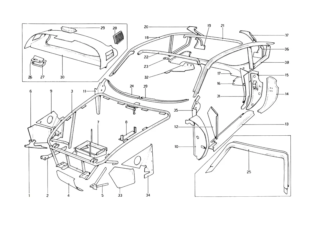 Ferrari 246 Dino GT Coupe & Spyder (From Ch 02132) Body Shell - Inner Elements exploded diagram
