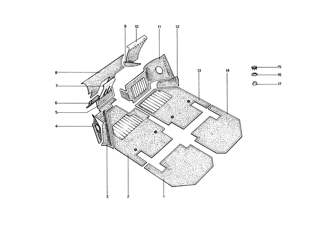 Ferrari 246 Dino GT Coupe & Spyder (From Ch 02132) Carpeting exploded diagram