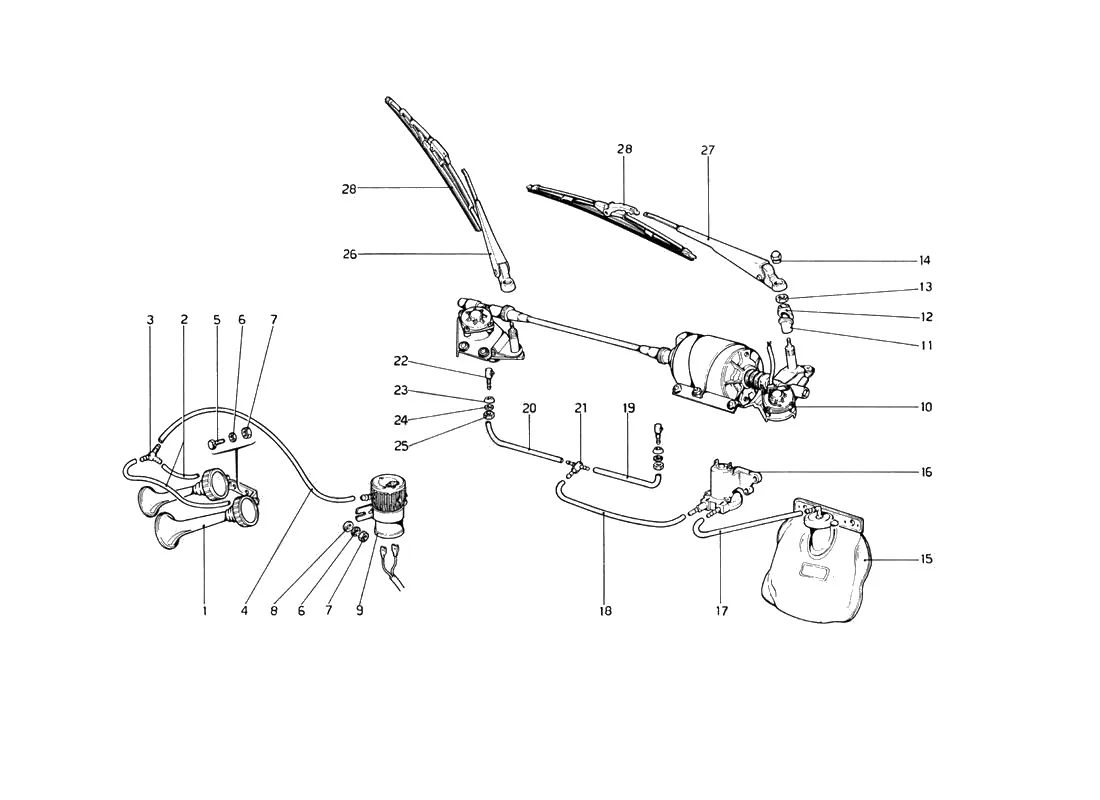 Ferrari 246 Dino GT Coupe & Spyder (From Ch 02132) Windshield Wiper, Washer And Horn exploded diagram