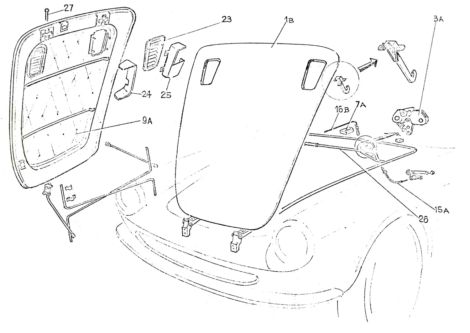 Ferrari 275 GTS Bonnet Components exploded diagram
