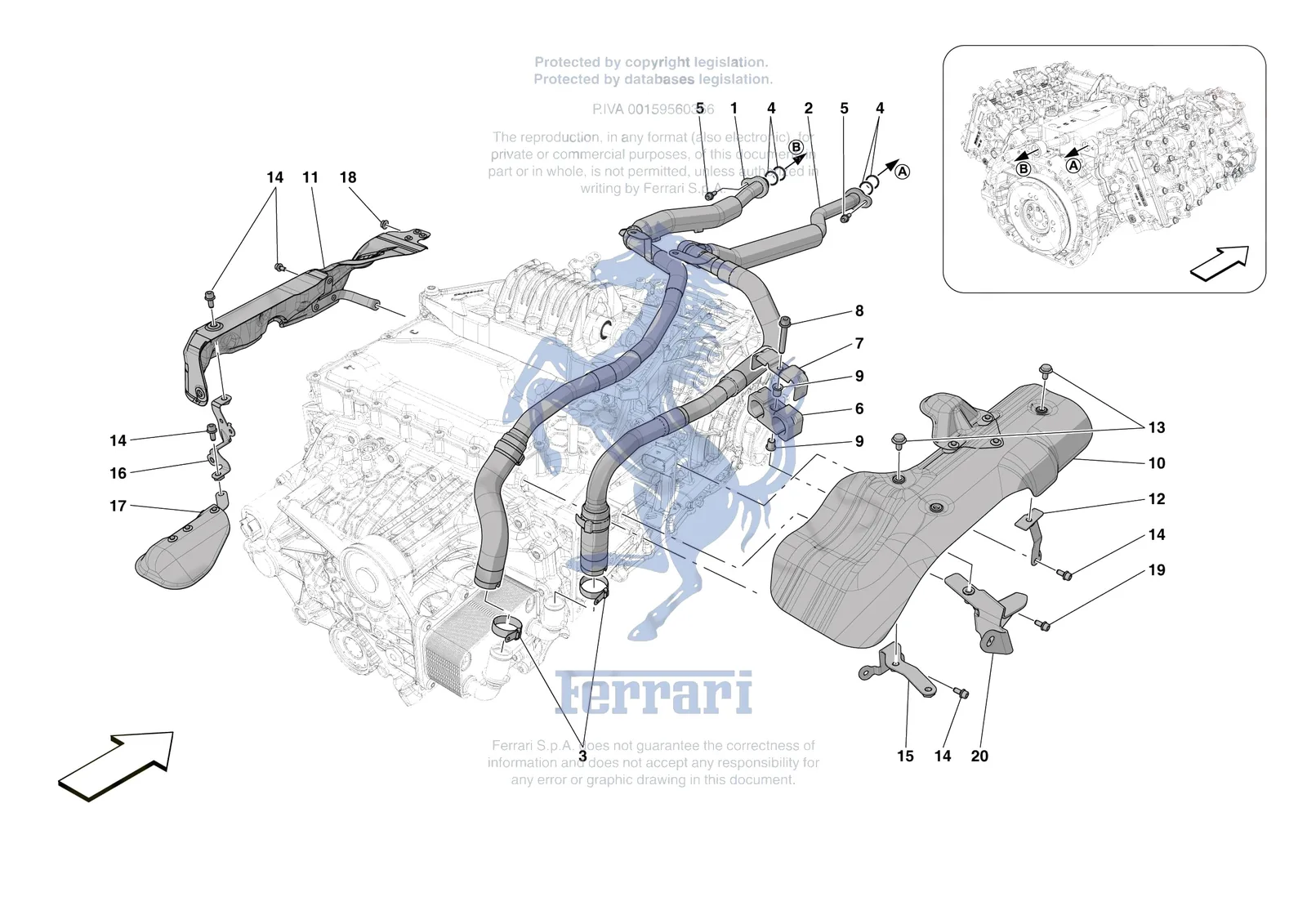 Ferrari 296 GTB [GEARBOX] - C.03.02 - GEARBOX OIL HEAT EXCHANGER AND PIPES - HEAT EXCHANGER AND REAR PIPES exploded diagram