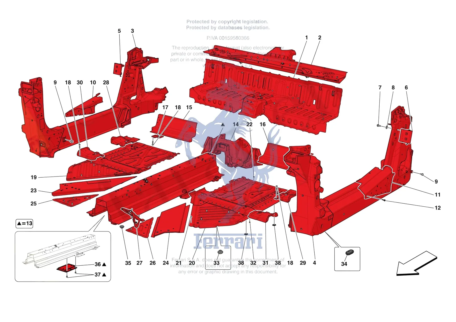 Ferrari 296 GTS [VEHICLE TRIM] - E.01.02 - STRUCTURES AND ELEMENTS CENTRE OF VEHICLE exploded diagram