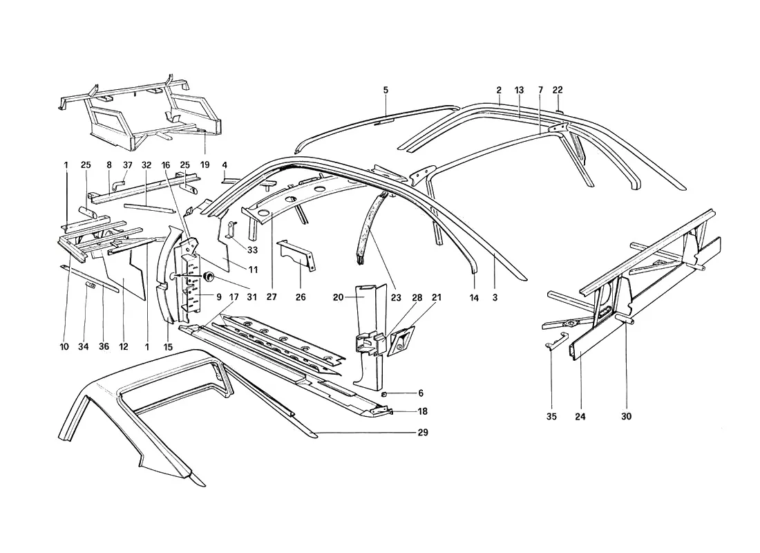 Ferrari 308 Quattrovalvole Body Shell - Inner Elements exploded diagram