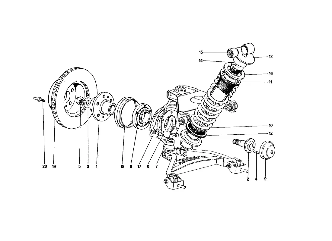 Ferrari 328 GTB/GTS (1985) Front Suspension - Shock Absorber And Brake Disc exploded diagram