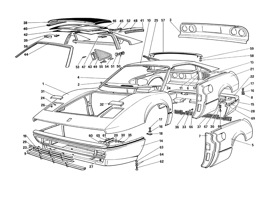 Ferrari 328 GTB/GTS (1985) Body Shell - Outer Elements (Not For U.S. And Sa Version) exploded diagram