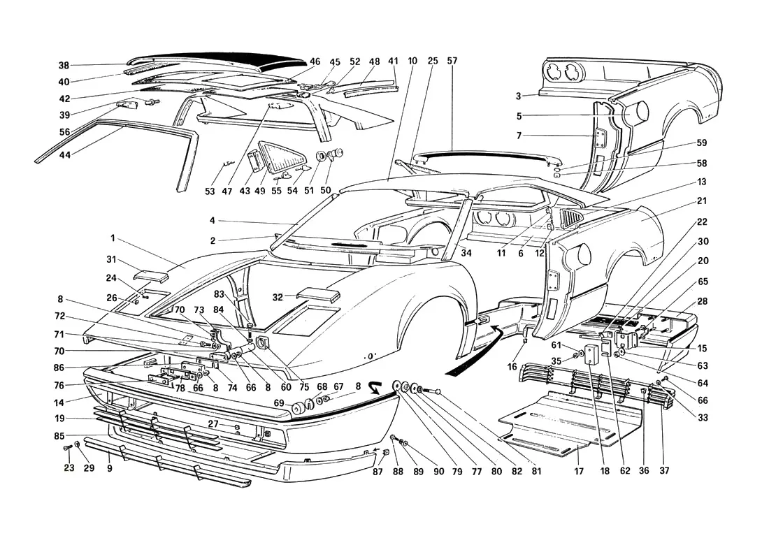 Ferrari 328 GTB/GTS (1985) Body Shell - Outer Elements (For U.S. And Sa Version) exploded diagram