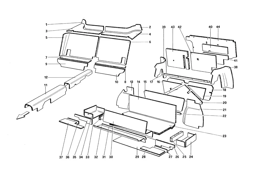 Ferrari 328 GTB/GTS (1985) Passenger And Luggage Compartments Insulation (Not For U.S. And Sa Version) exploded diagram