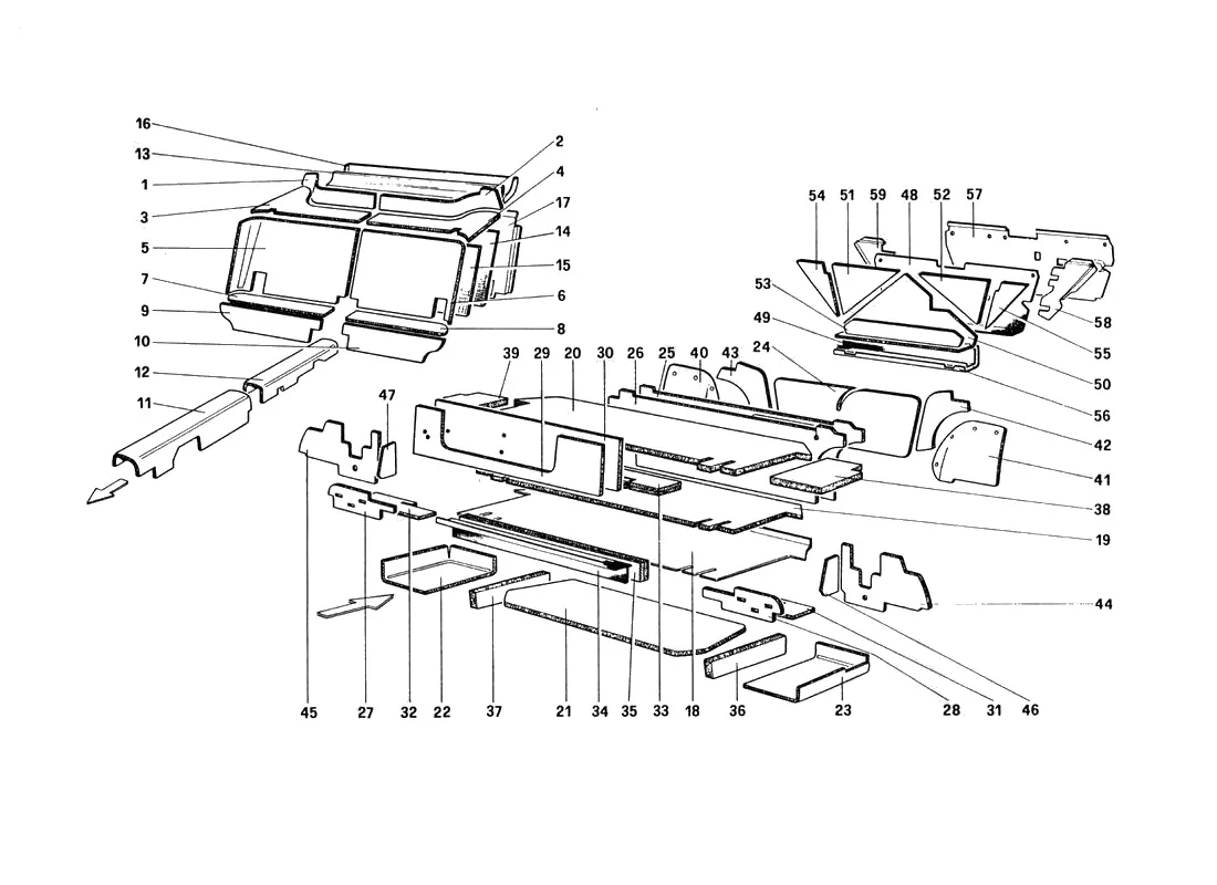 Ferrari 328 GTB/GTS (1985) Passenger And Luggage Compartments Insulation (For U.S. And Sa Version) exploded diagram