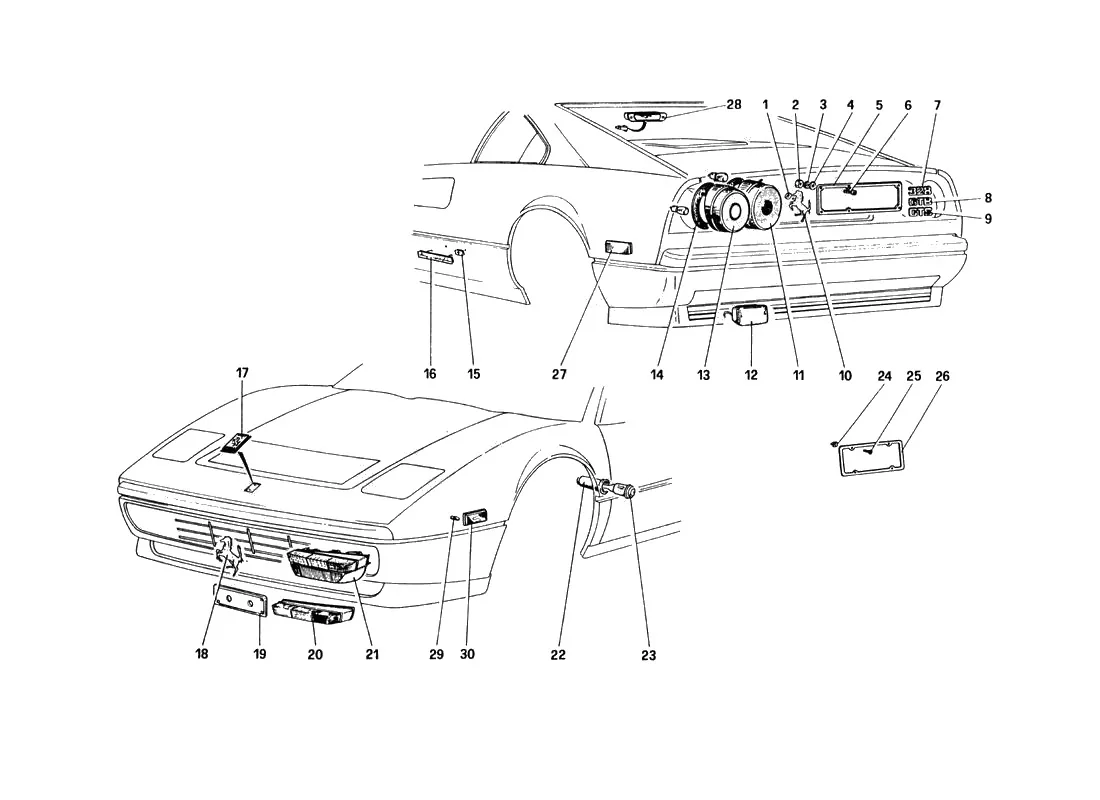 Ferrari 328 GTB/GTS (1985) External Lights And Moldings exploded diagram