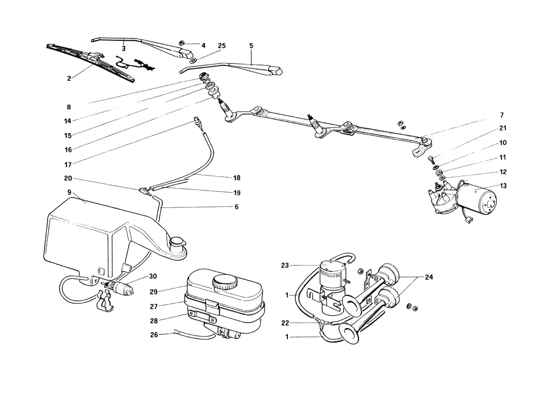 Ferrari 328 GTB/GTS (1985) Windshield Wiper, Washer And Horn exploded diagram