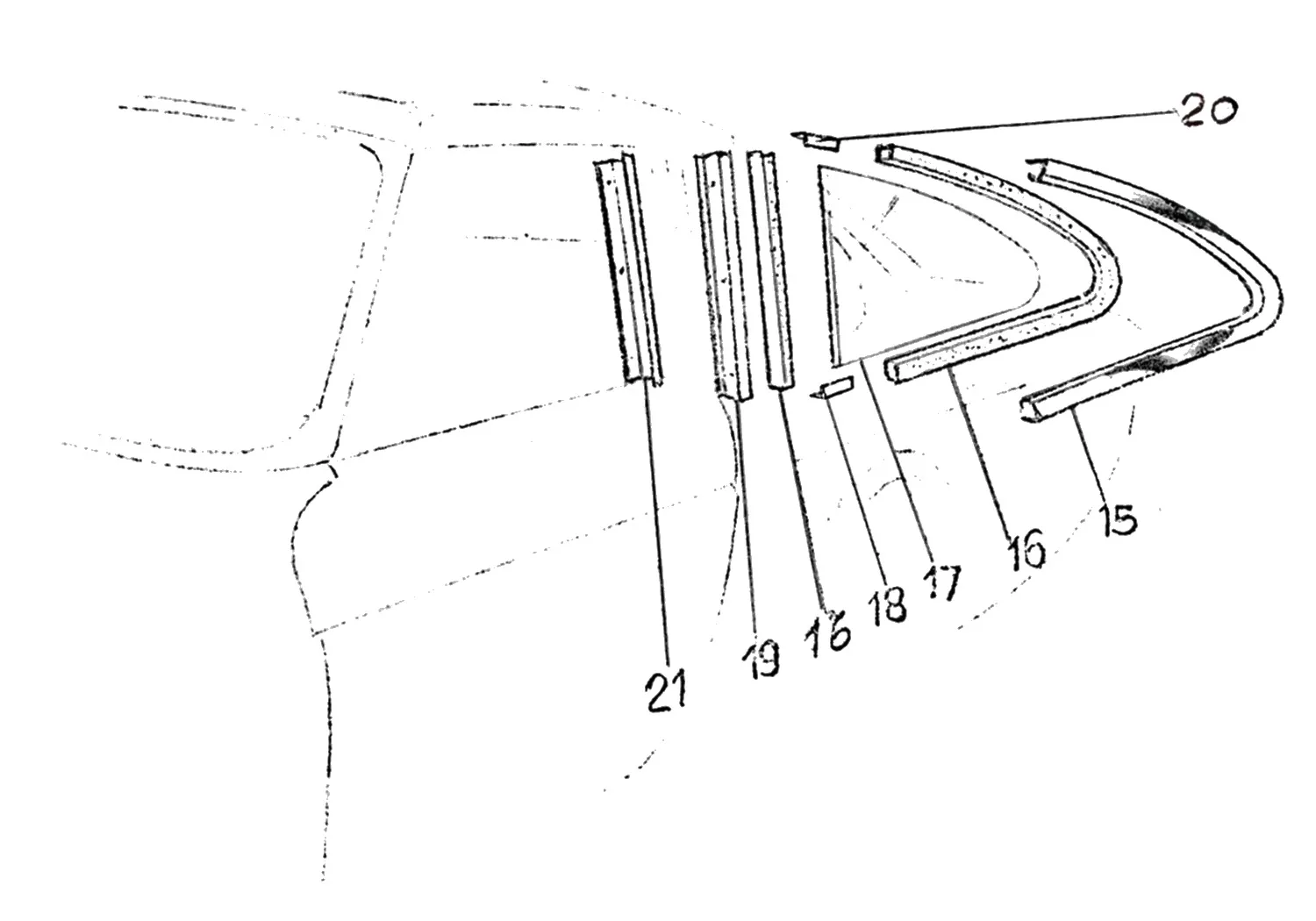 Ferrari 330 GTC Rear Side Window Components exploded diagram