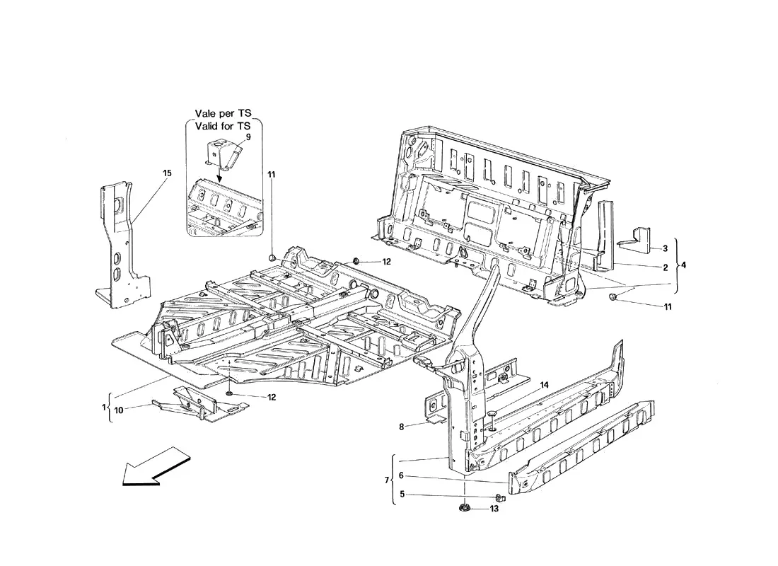 Ferrari 348 tb/ts Central Part Structures exploded diagram