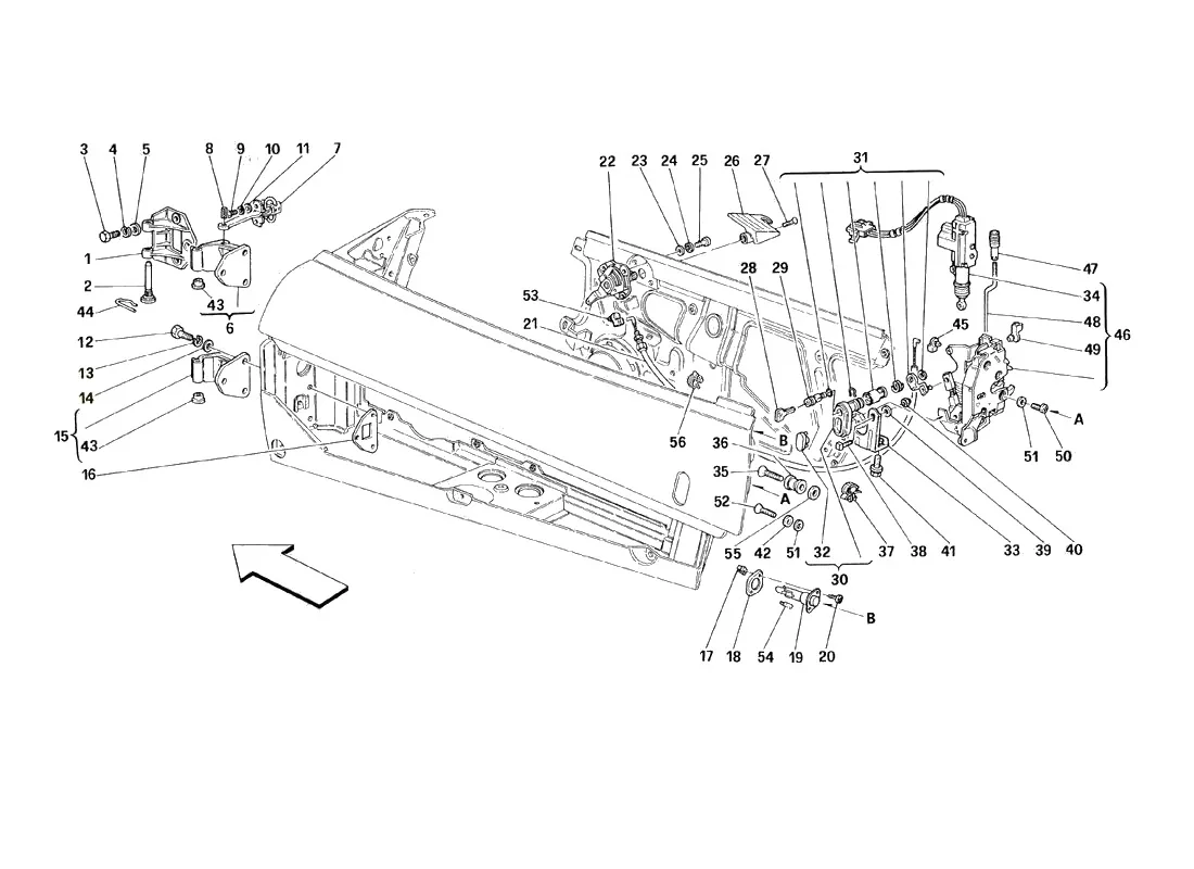 Ferrari 348 tb/ts Doors - Opening Control And Hinges exploded diagram