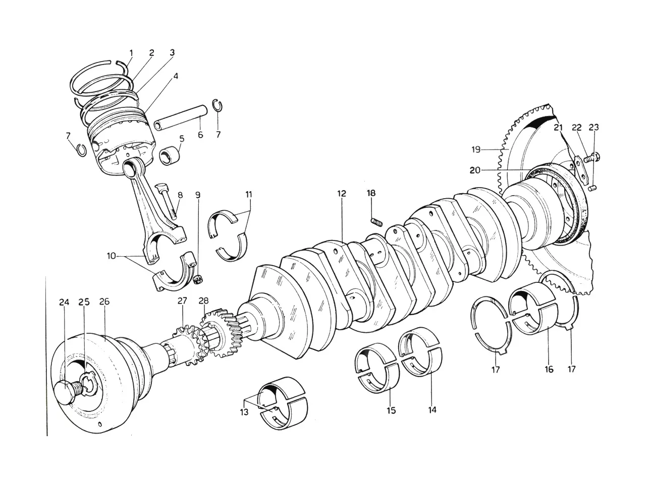Ferrari 365 GTB4 (Daytona) Crankshaft, Connecting Rods & Pistons exploded diagram
