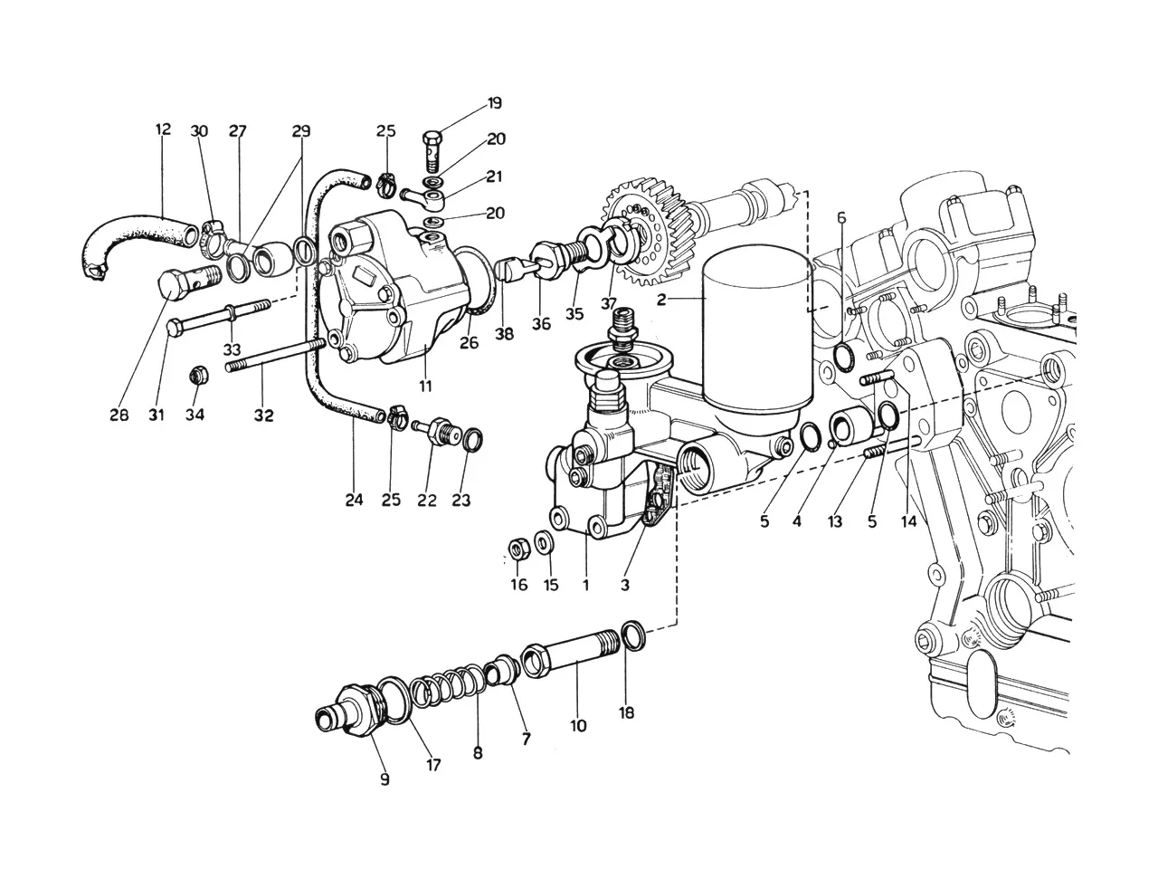 Ferrari 365 GTB4 (Daytona) Engine Oil Filters & Brake Booster Vacuum Pump exploded diagram