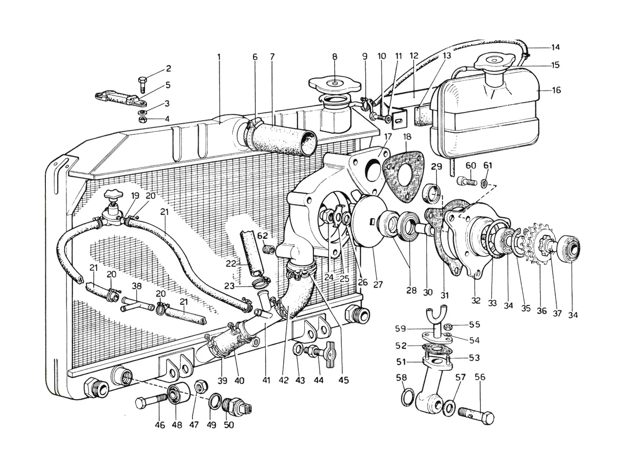 Ferrari 365 GTB4 (Daytona) Cooling System - Water Pump & Radiator exploded diagram