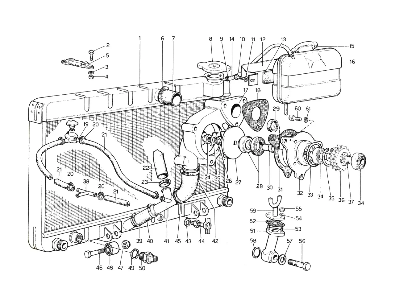 Ferrari 365 GTB4 (Daytona) Cooling System - Water Pump & Radiator (1974 Revision - Cars With Air Pollution System) exploded diagram