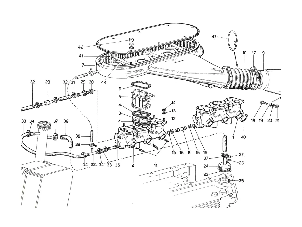 Ferrari 365 GTB4 (Daytona) Intake Manifolds - Air Intake (1974 Revision - Cars With Air Pollution System) exploded diagram