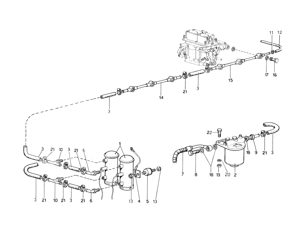 Ferrari 365 GTB4 (Daytona) Fuel Pumps & Fuel Pipes (1974 Revision - Cars With Air Pollution System) exploded diagram