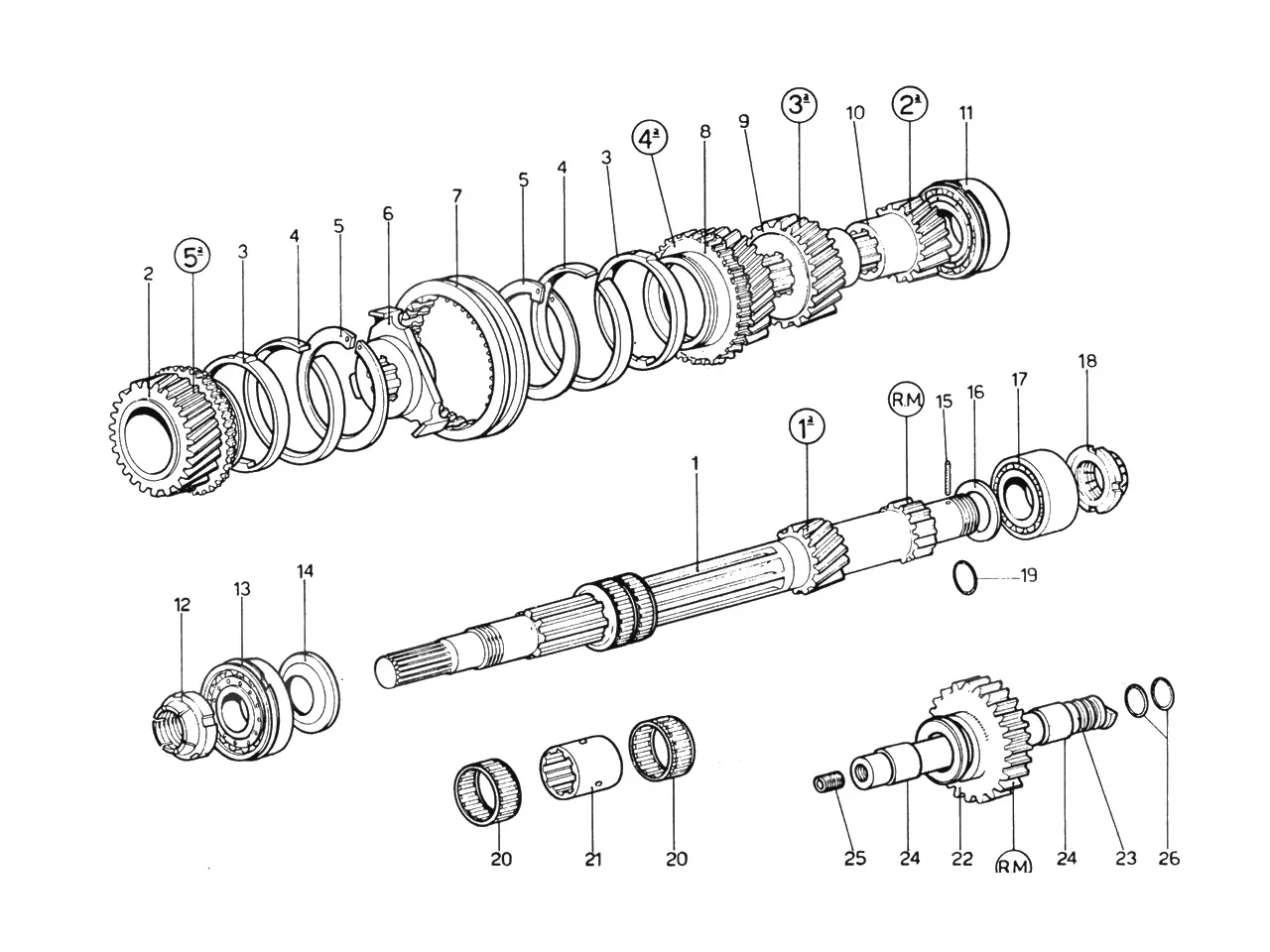 Ferrari 365 GTB4 (Daytona) Output Shaft Gears exploded diagram