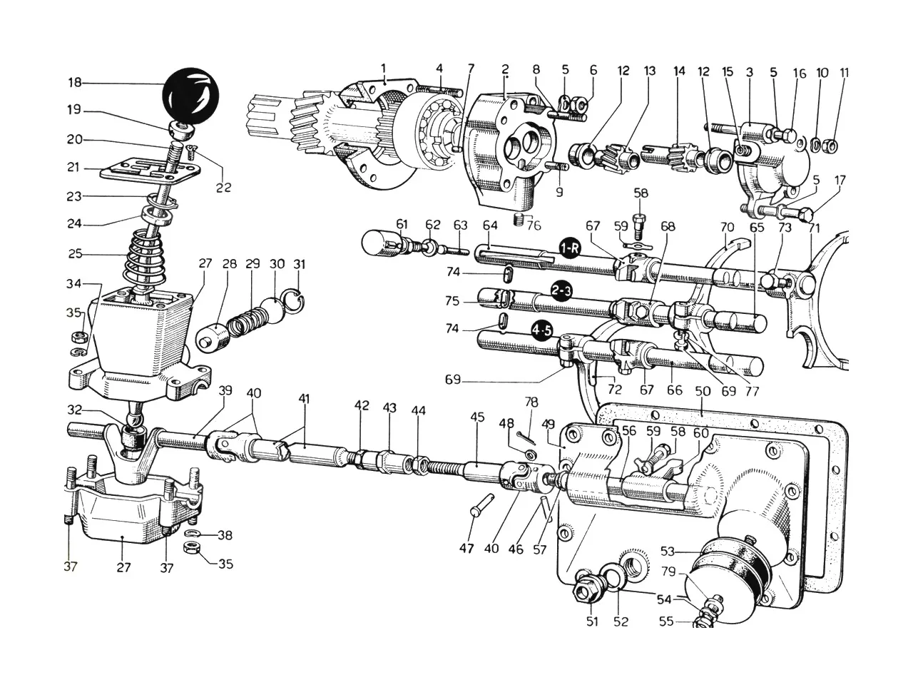 Ferrari 365 GTB4 (Daytona) Gearbox Controls & Oil Pump (1974 Revision - Cars With Air Pollution System) exploded diagram
