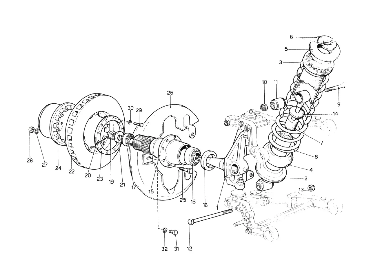 Ferrari 365 GTB4 (Daytona) Shock Absorber, Hub & Front Brake Disc exploded diagram