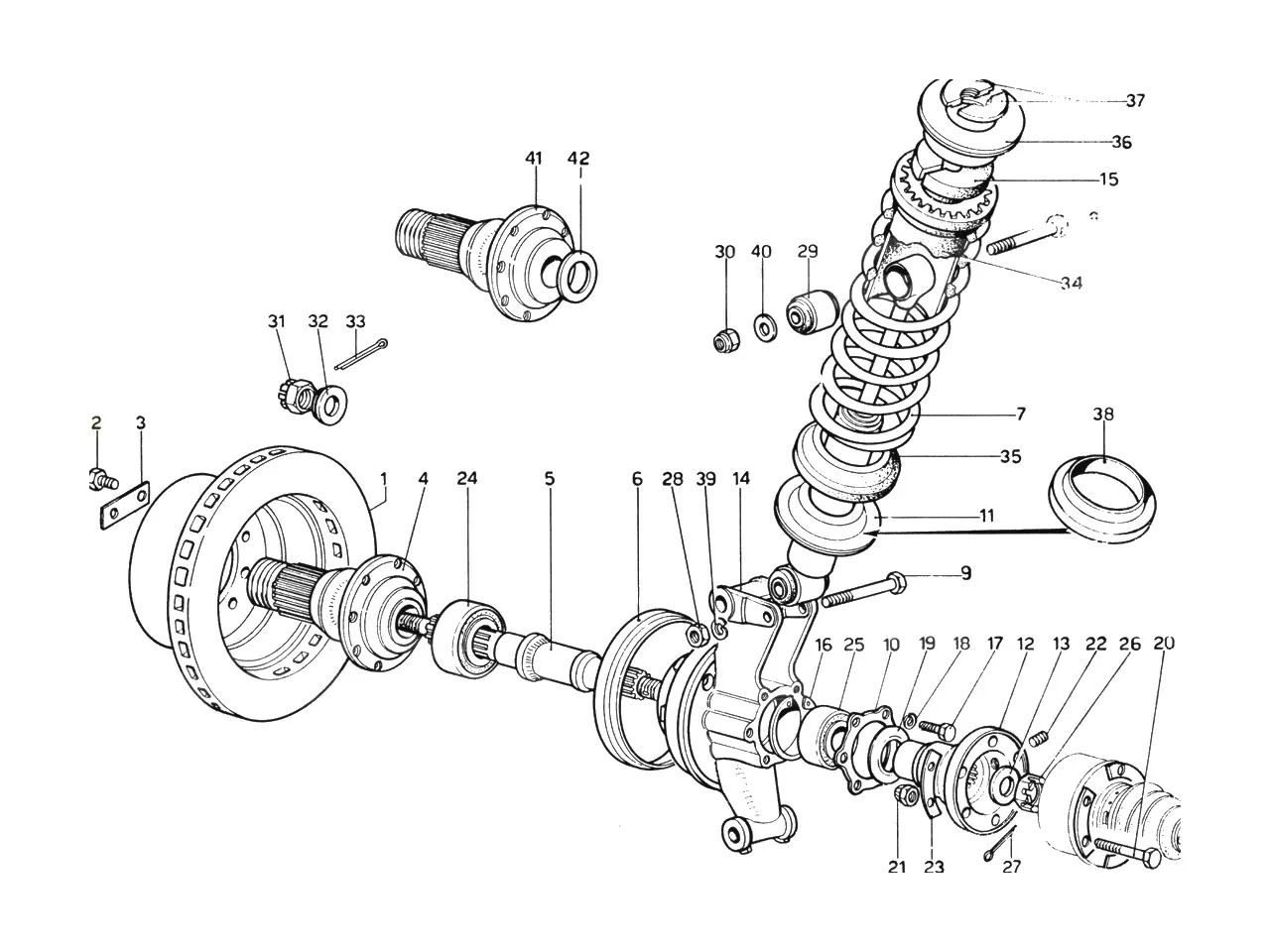 Ferrari 365 GTB4 (Daytona) Shock Absorber, Hub & Rear Brake Disc exploded diagram
