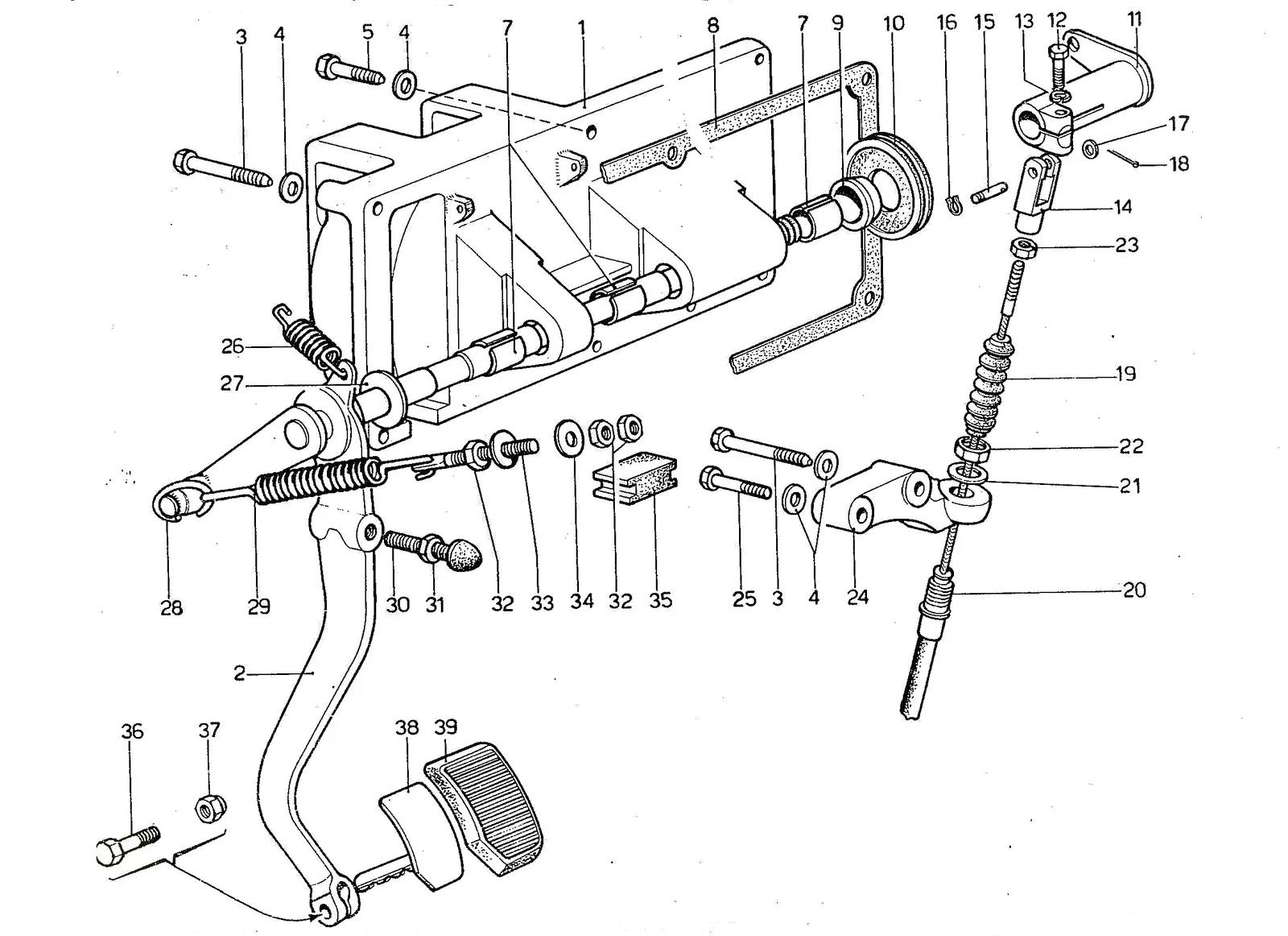 Ferrari 365 GTB4 (Daytona) Pedal Board & Clutch Control exploded diagram