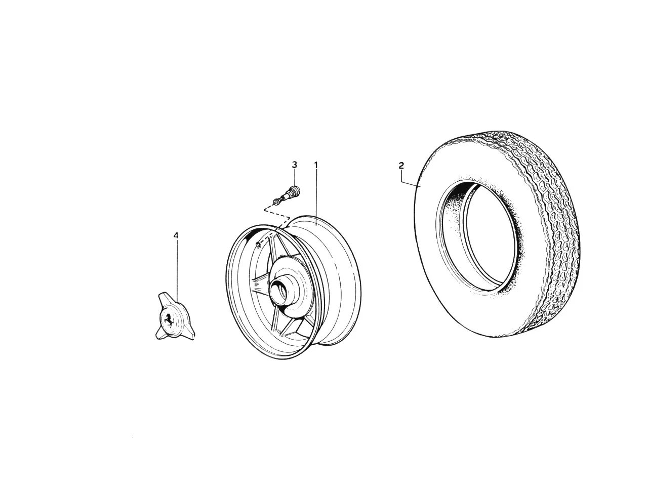 Ferrari 365 GTB4 (Daytona) Wheels & Tyres (1974 Revision - Cars With Air Pollution System) exploded diagram
